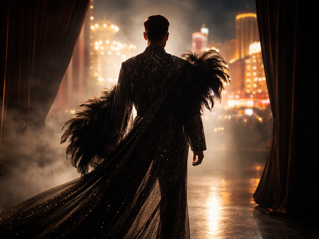 Non-identifiable stage performer in dark rhinestone costume under Las Vegas theater lighting, glowing Strip in bokeh