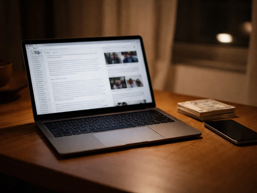 An anonymous desk scene with a laptop showing a blurred online article and scattered cash-like props, minimal and realis