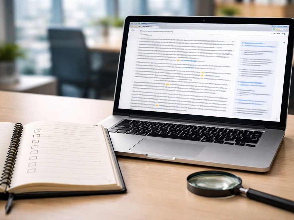 Minimal photo of a notebook checklist beside an open laptop showing Wikipedia-style citations without visible text