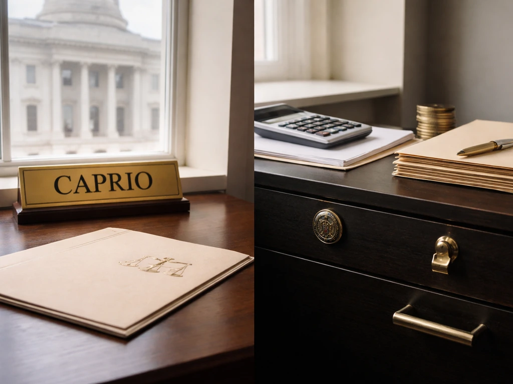 Minimal desk scene with legal courthouse cues on one side and finance/treasury cues on the other.