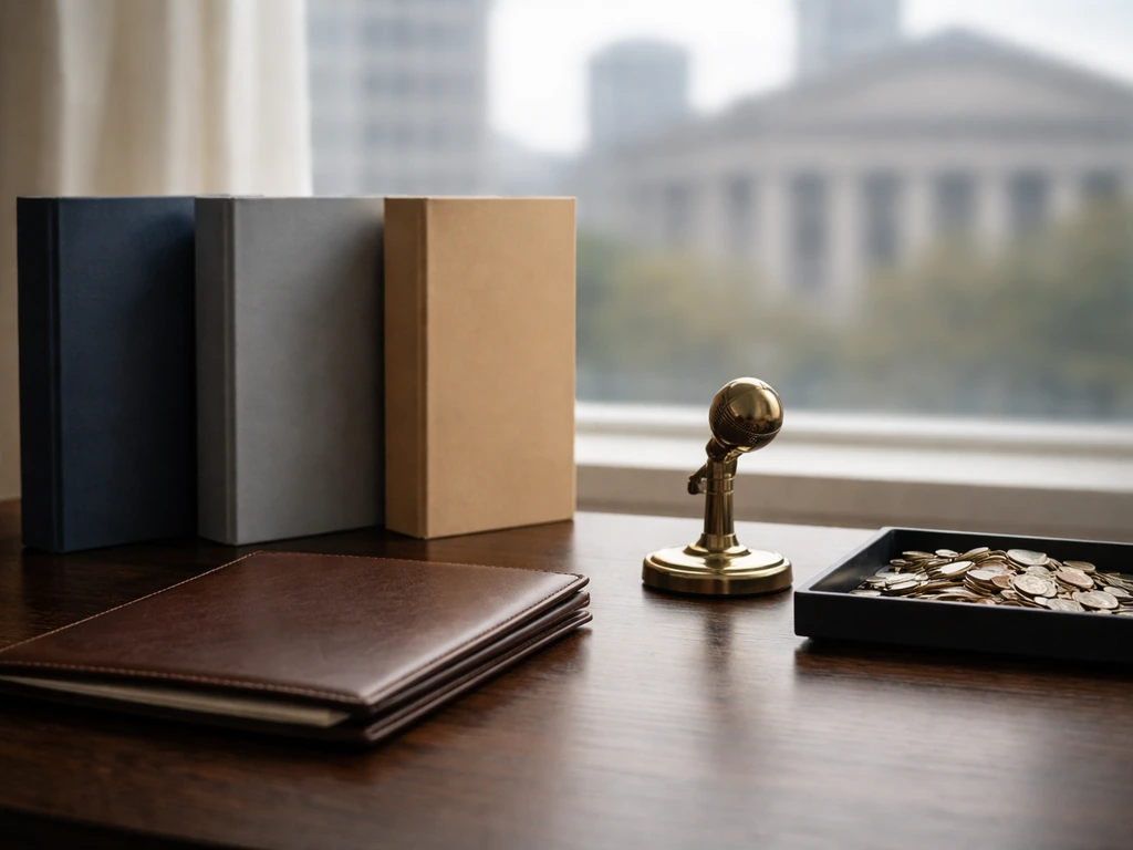Minimal desk scene with a microphone and money-themed items symbolizing an institutional law and banking career