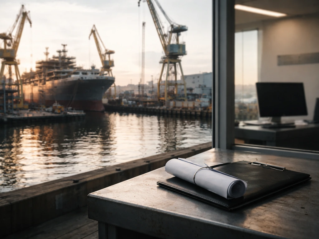 Industrial shipyard dock with cranes and a metal workbench showing business documents, no people.