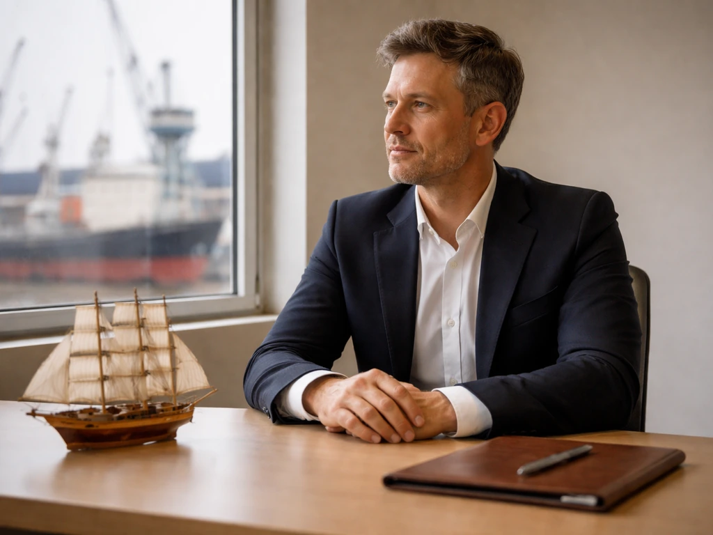 An anonymous businessman in a shipyard office beside a small ship model, hinting at a founder of a Vigor-like industrial