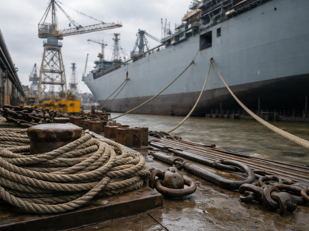 Industrial shipyard dock with cranes and a cargo vessel, symbolizing major maritime operations.