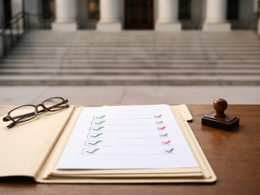 Open legal folder and checklist with red/green marks in front of courthouse steps, symbolizing due diligence.