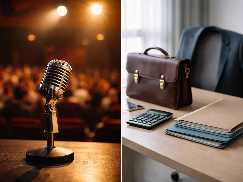 Minimal split-screen image contrasting two names: comedian-style microphone vs finance/suit desk objects, avoiding peopl