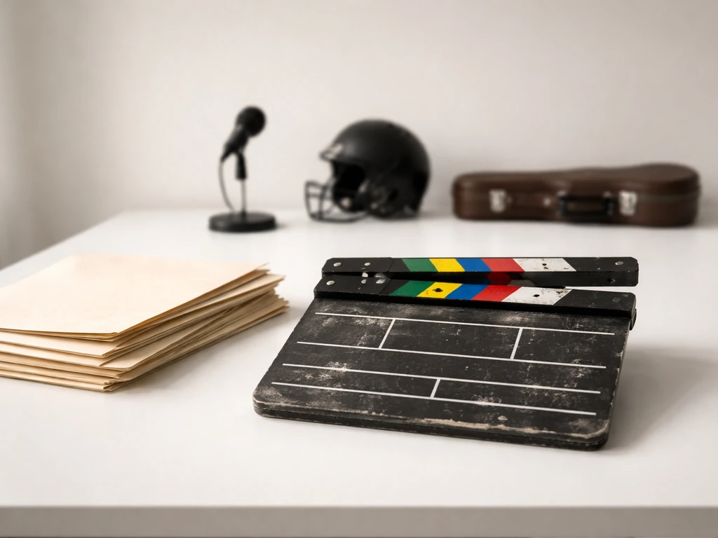 Minimal desk scene with a film slate and blank contract folders representing multiple income channels.