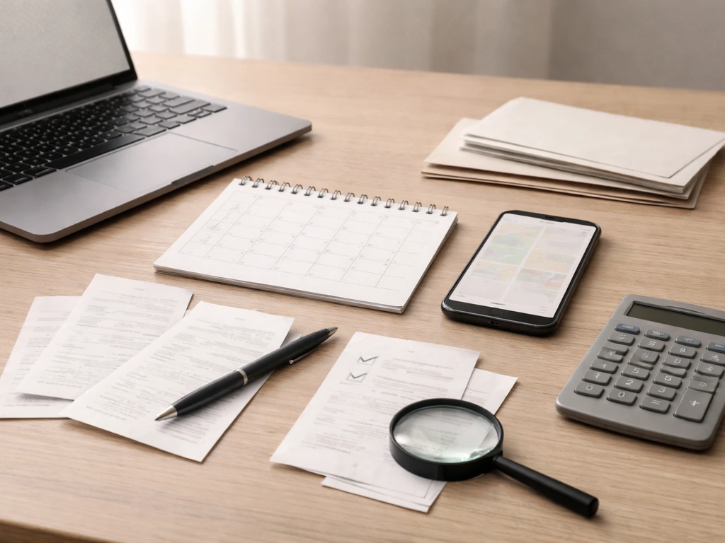 Minimal audit scene: laptop, calendar page, and receipt-like papers beside a smartphone, suggesting verifying an estimat