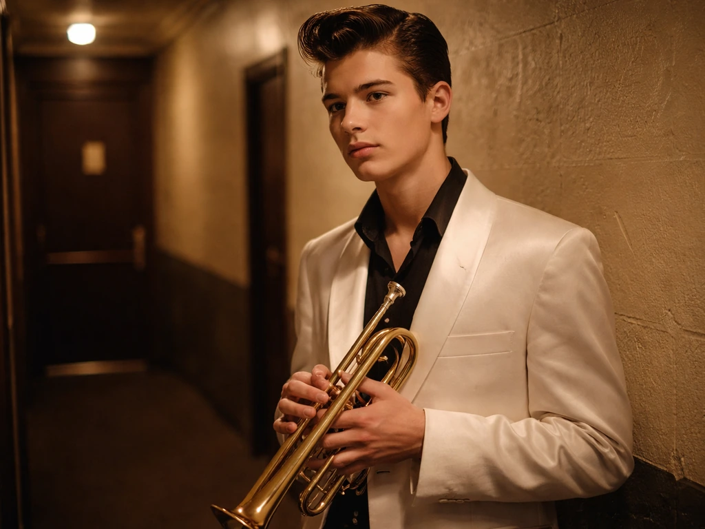 Frankie Avalon–era teen idol in classic stage outfit holding a trumpet under warm lights