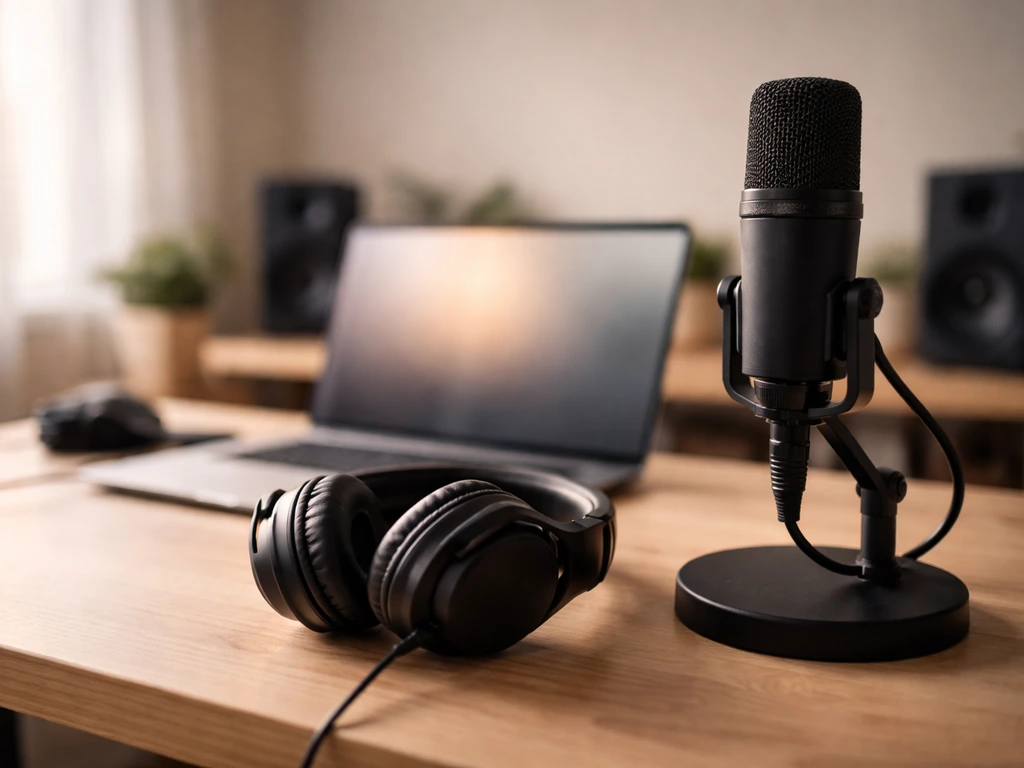 A quiet modern music studio desk with headphones and a laptop, suggesting today’s age and media presence