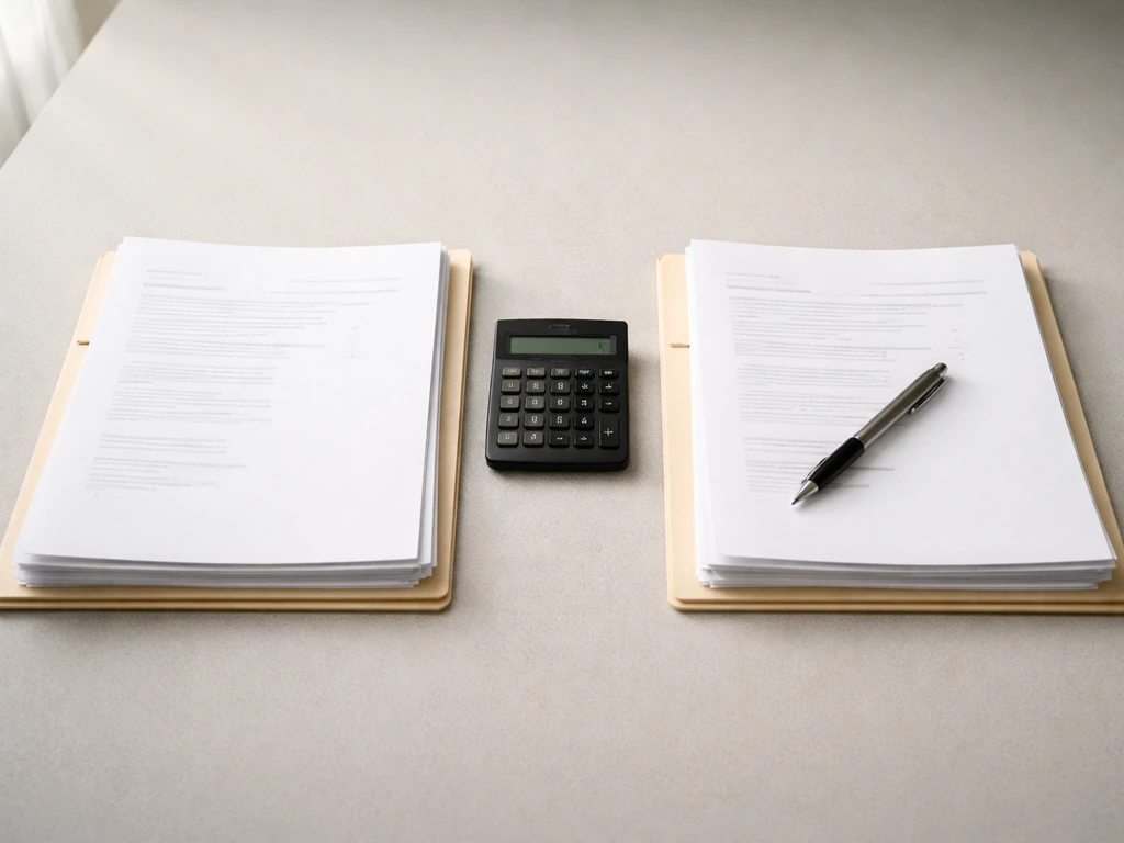 Open office desk with papers and a calculator beside two stacked folders, symbolizing comparing net-worth estimates.