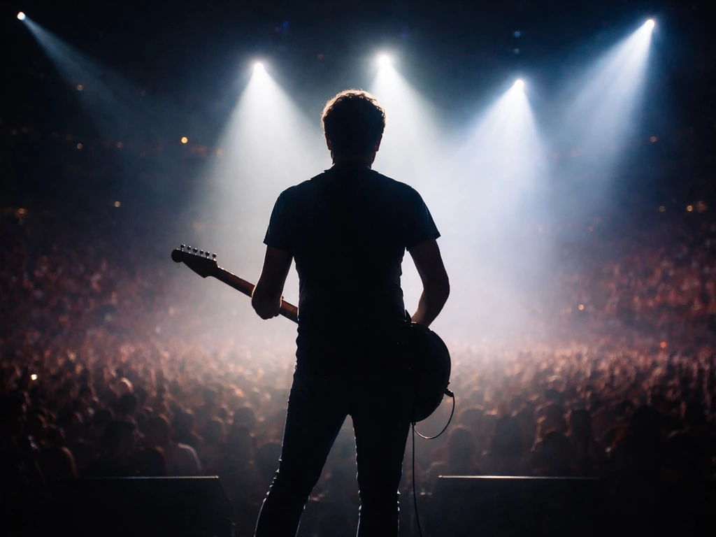 Anonymous guitarist silhouette on an arena stage with colorful lights and a blurred crowd