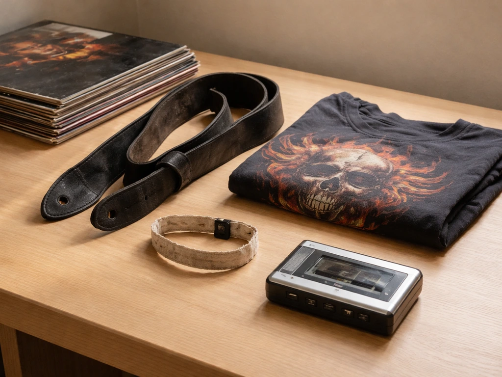 Minimal still life of vinyl records, a tour-style wristband, and a few merch items on a desk