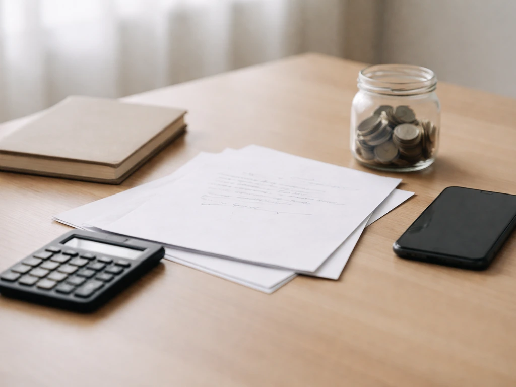 Minimal desk scene with documents, calculator, and notebook used to verify a financial estimate.