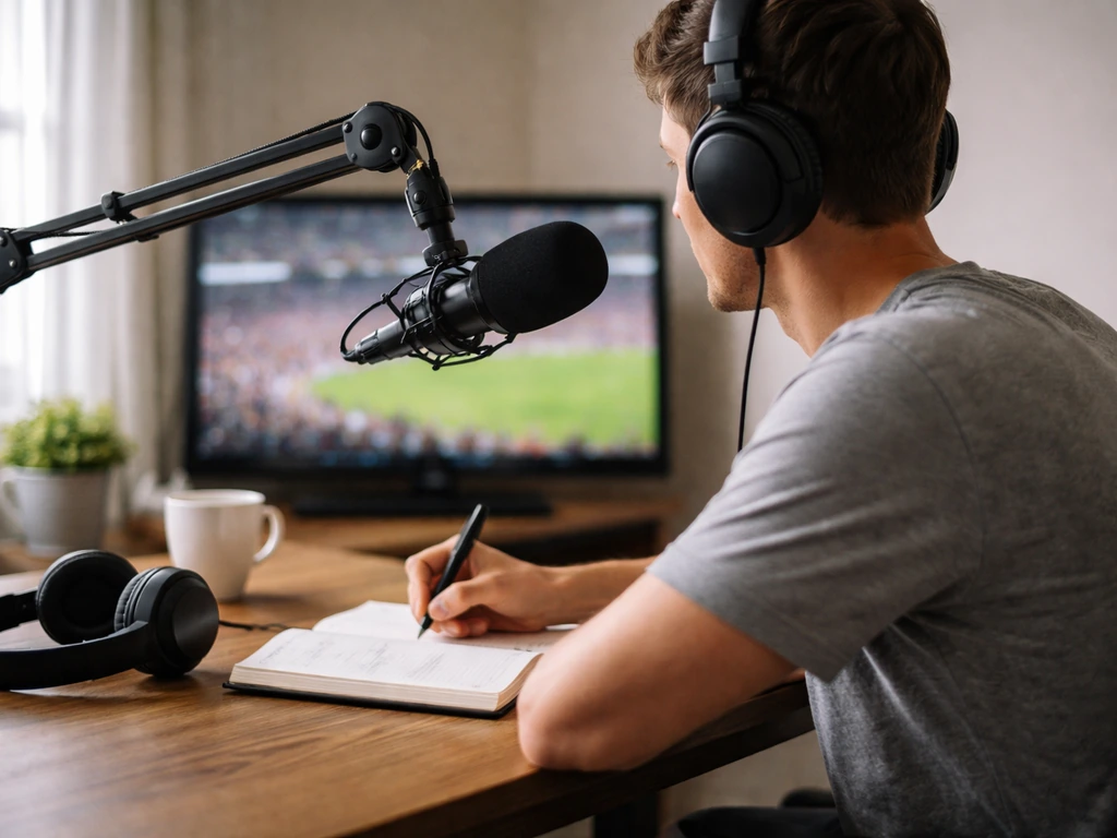 Anonymous sports journalist in a home studio speaks into a microphone with a blurred stadium on TV.