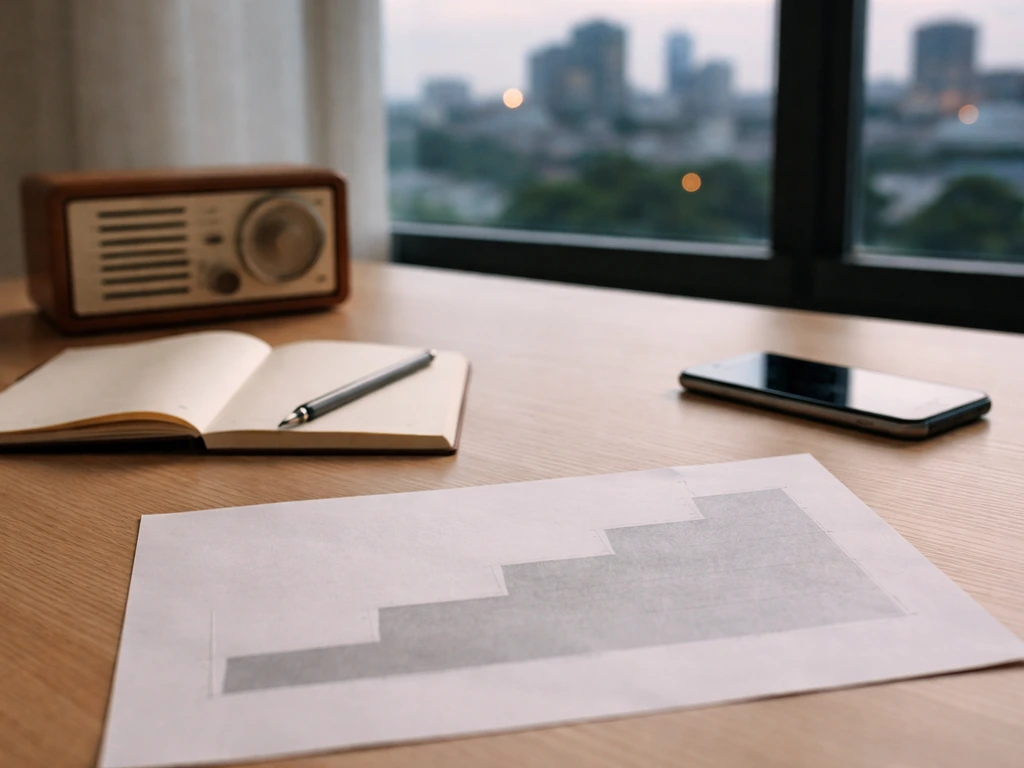 Minimal desk scene with blank notebook and a faint timeline-like step shape suggesting changing phases over time.