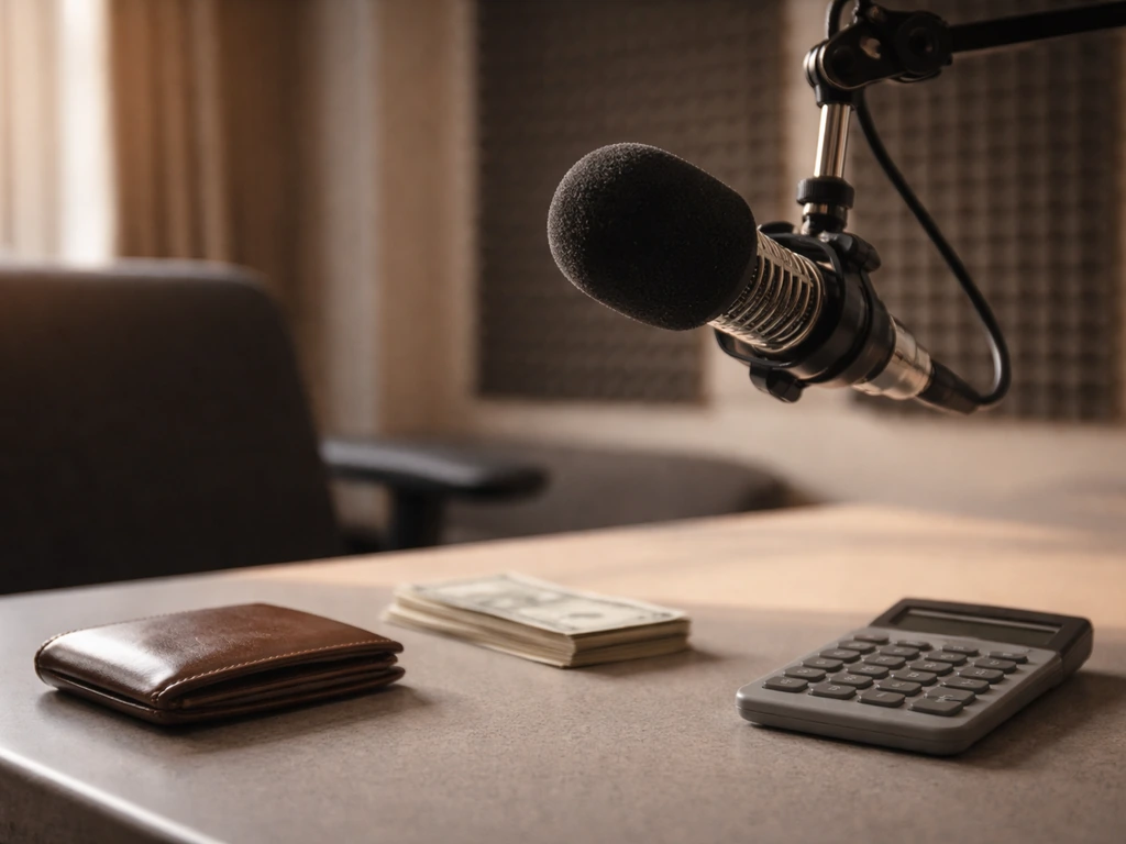 Minimal radio studio scene with a microphone and cash-like props, symbolizing estimated net worth calculation