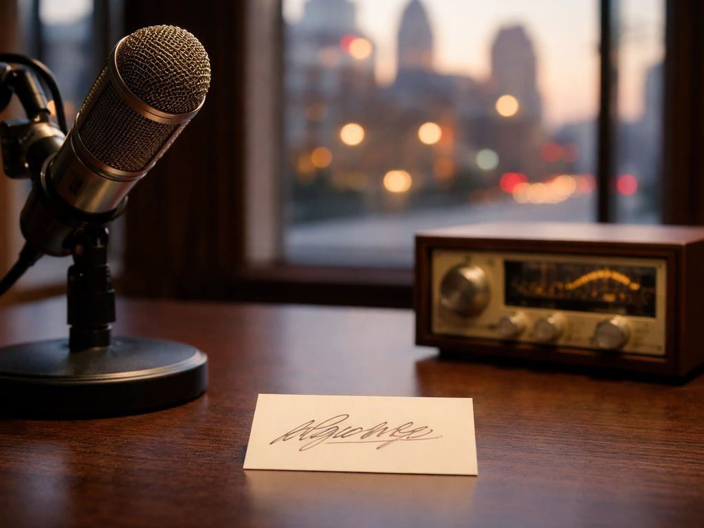 Minimal collage-style photo showing radio nostalgia cues near a handwritten name-variation card, no text