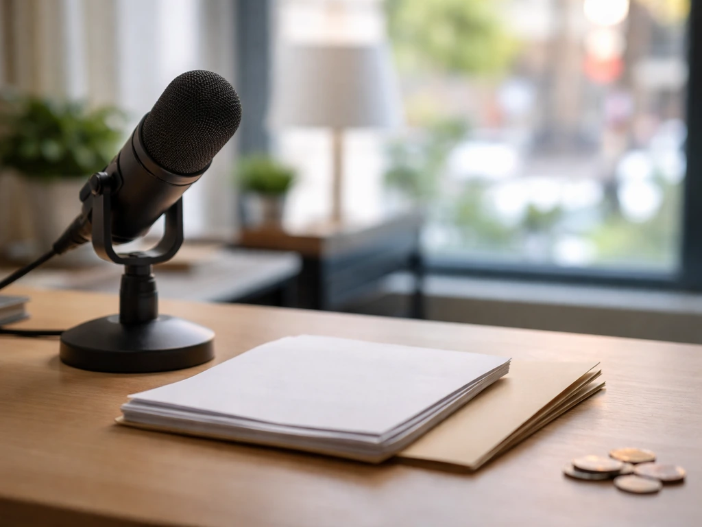 Minimal photo of a podcast desk with microphone, papers, and a folder of records suggesting estimate inputs