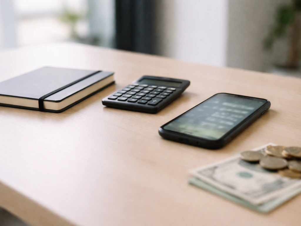 Minimal photo of a cluttered office desk with scattered cash, a calculator, and a smartphone showing blurred numbers