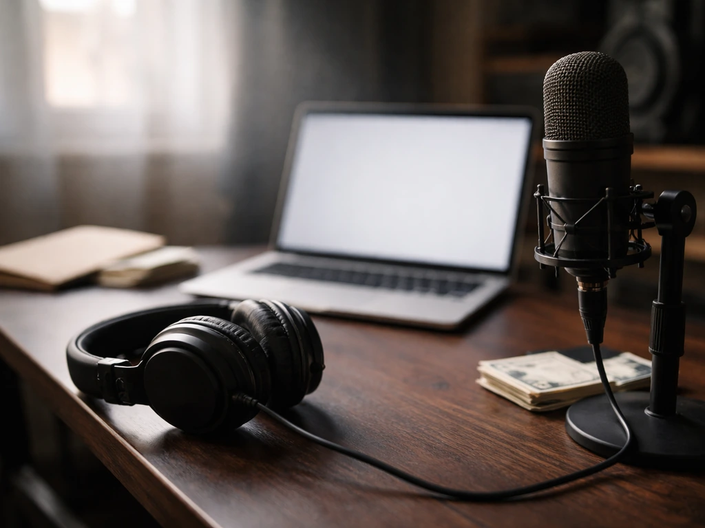 Minimal photo of a hard-rock studio setup with audio gear and a laptop, symbolizing net-worth verification