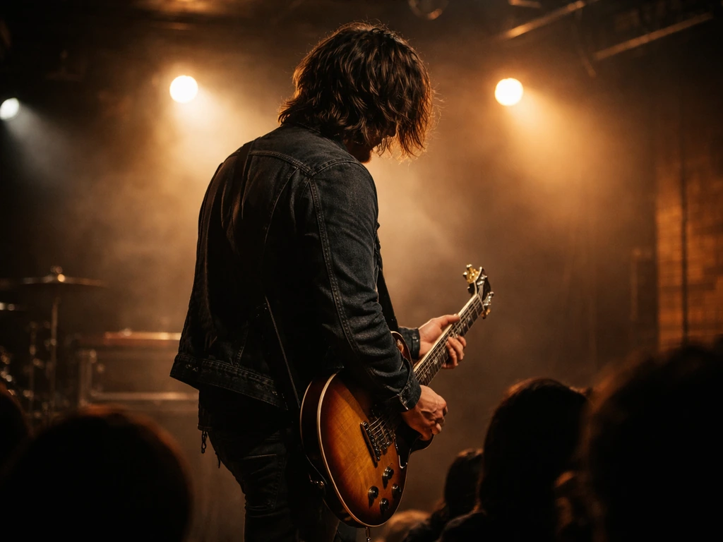 Hard-rock musician in a St. Louis–style venue performing with a guitar under warm stage lights