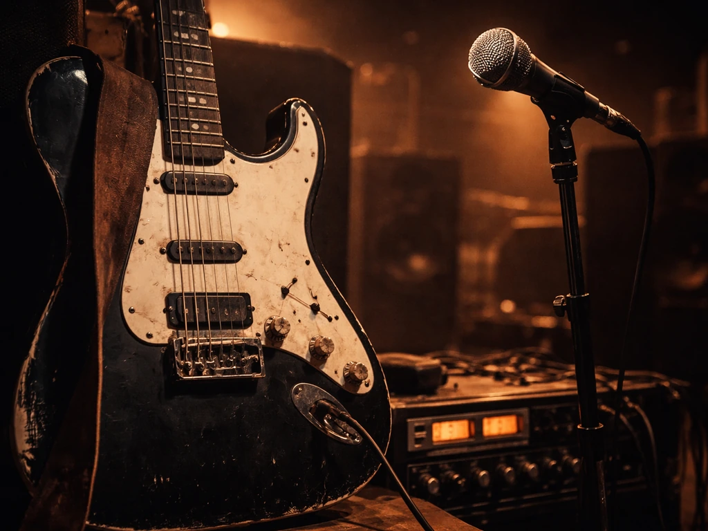 Worn electric guitar and studio microphone in a dim backstage-like setting, evoking major-label rock media era.