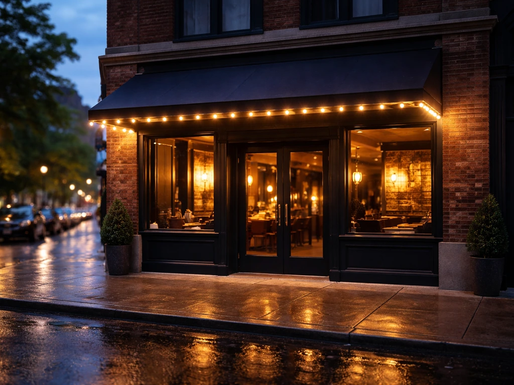 Exterior view of a St. Louis-style nightlife restaurant storefront with warm lights and street ambience