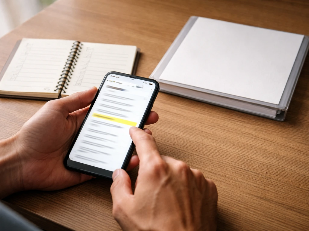 Close-up of a notebook and smartphone showing a generic business search screen for verification steps