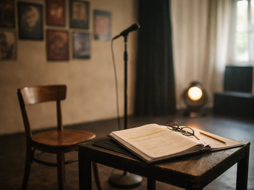 Empty acting rehearsal studio with a script binder and microphone stand under natural light
