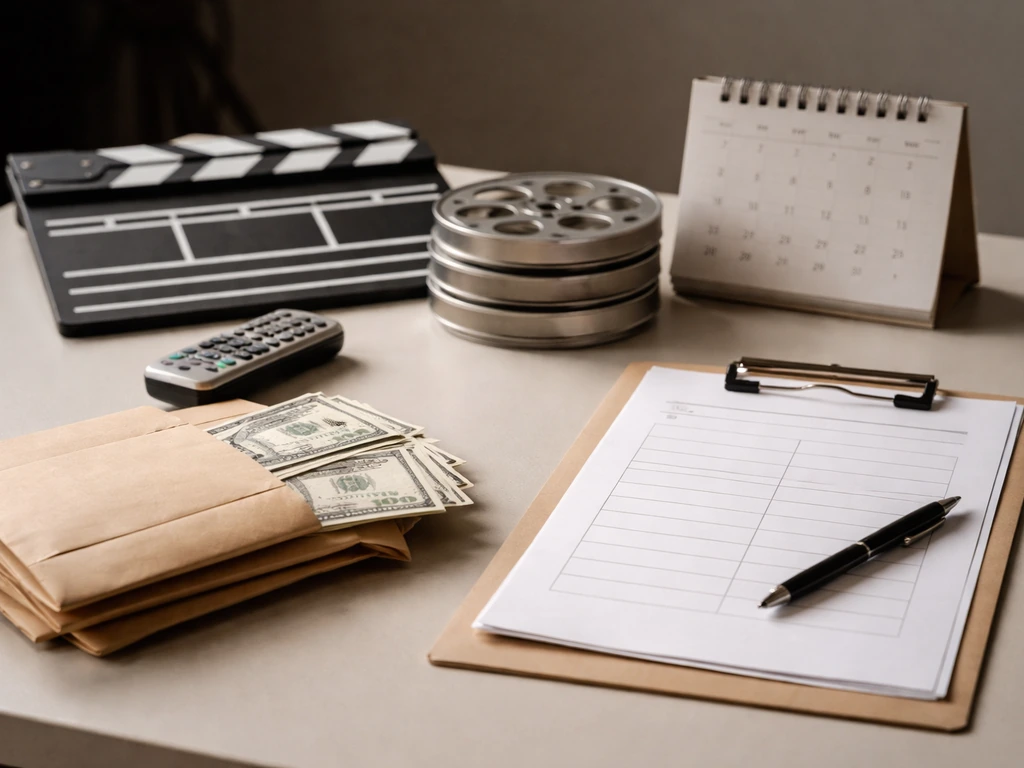 Minimal actor-income desk scene with clapperboard, reels, calendar, and blank finance papers, no people.