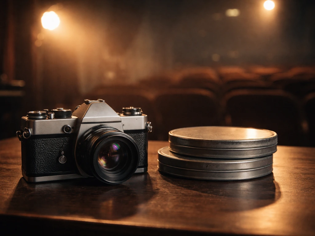 Minimal studio scene with a vintage film camera and two softly lit film reels, symbolizing late-80s Hollywood breakthrou