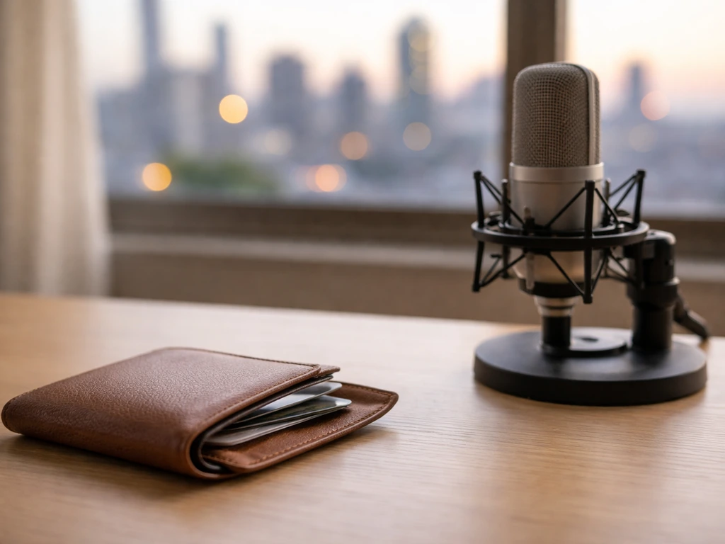 Minimal studio desk with microphone and a leather wallet, symbolizing entertainment wealth comparison