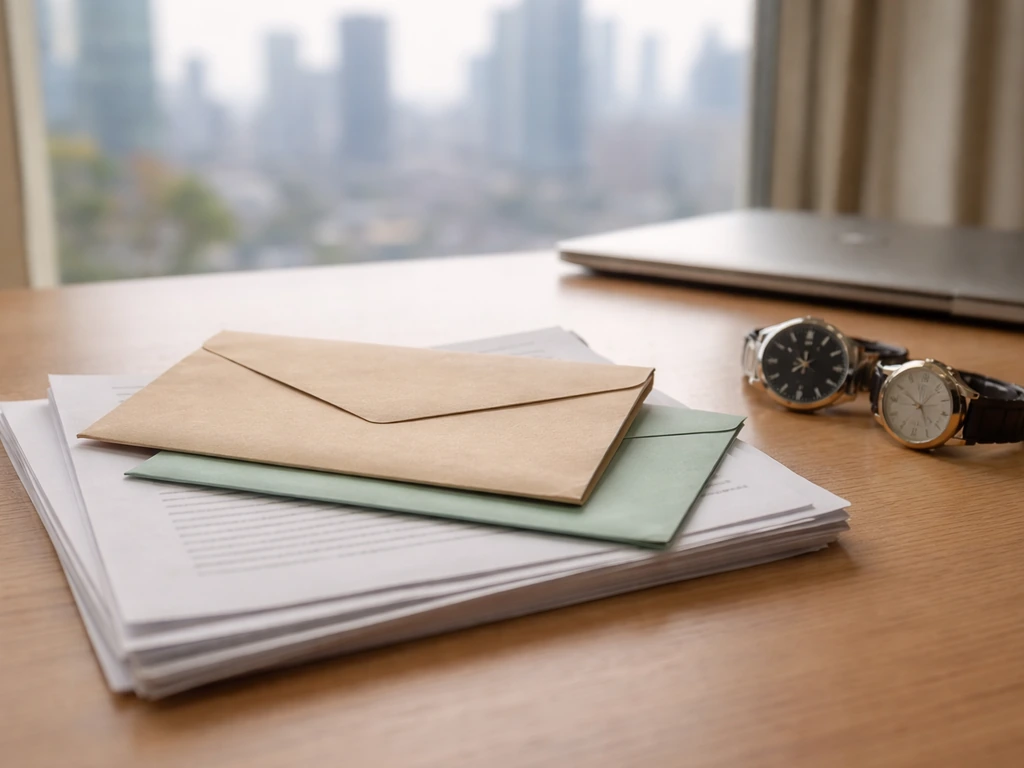 Two unlabeled envelopes and documents on a desk symbolize conflicting net worth estimates.