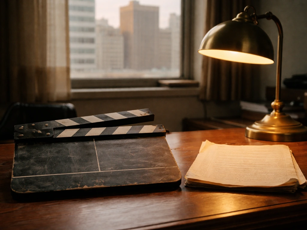Vintage film office desk with a film slate and script pages, warm light and city skyline outside.