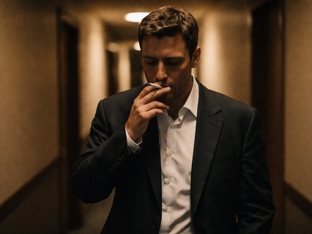 Low-key cinematic scene inspired by 1990 film set: a suited man smoking in a dim hallway.