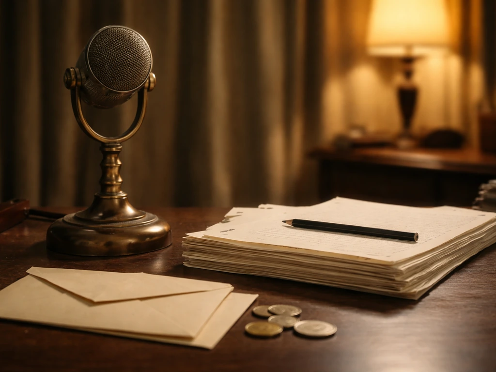 Mid-century Hollywood theater office scene with vintage microphone, scripts, and softly lit cash envelopes
