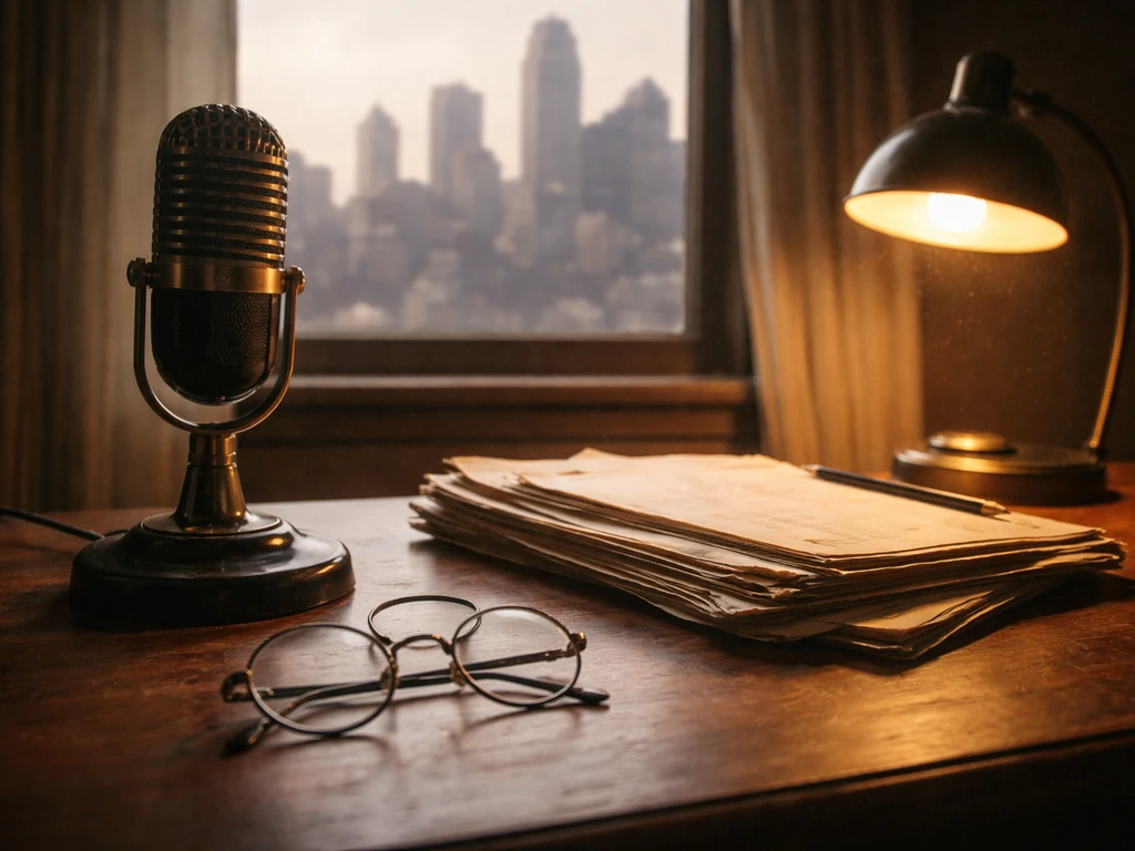 Minimal studio desk scene with a vintage microphone and scattered papers suggesting an actor’s career and net-worth sear