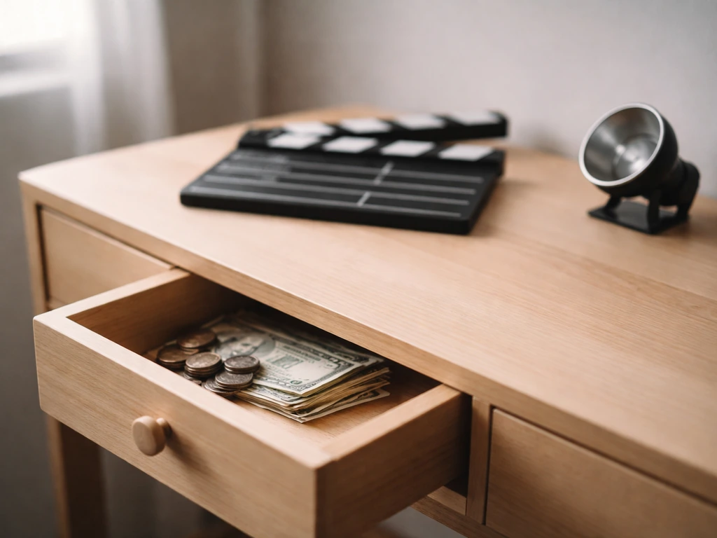 Minimal desk scene with theater film clapperboard and cash as symbolic career earnings over decades.