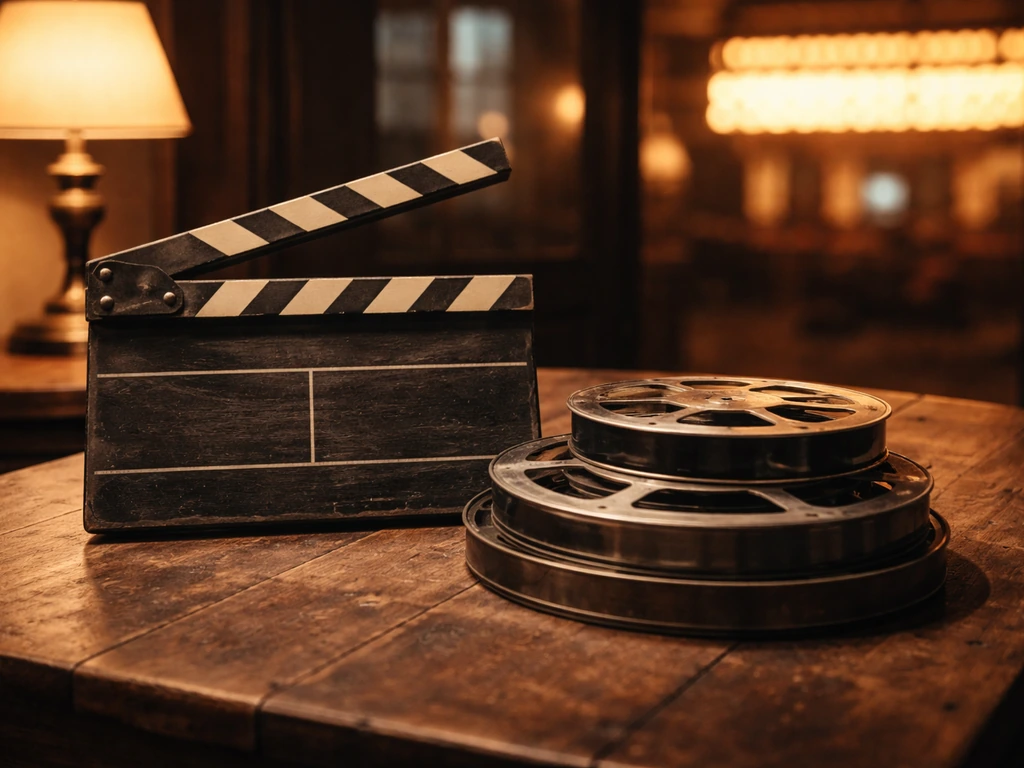 Vintage film reels and clapperboard on a wooden table in warm 1950s-style lighting.