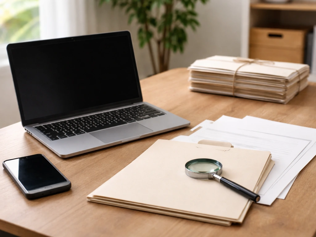 Minimal desk scene with laptop, papers, magnifying glass, and smartphone suggesting verification of claims via records.