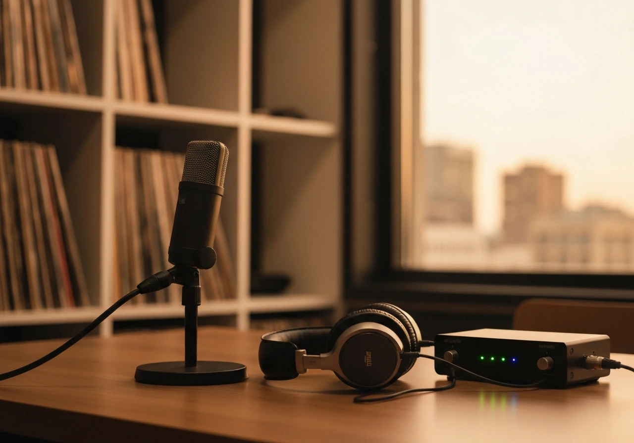 Recording studio desk with microphone and headphones, warm window light suggesting entertainment and media earnings.
