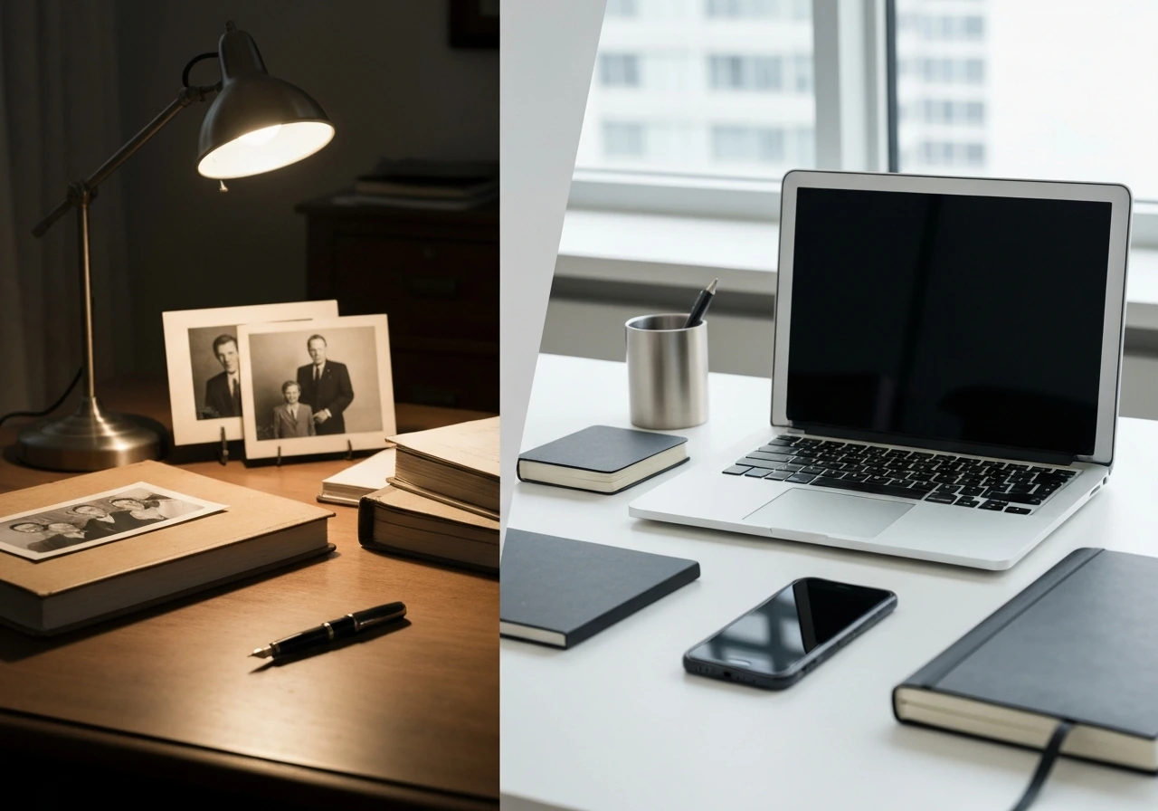 Two contrasting desk scenes showing older and younger “Frank Stallone” identities: vintage papers vs modern laptop.
