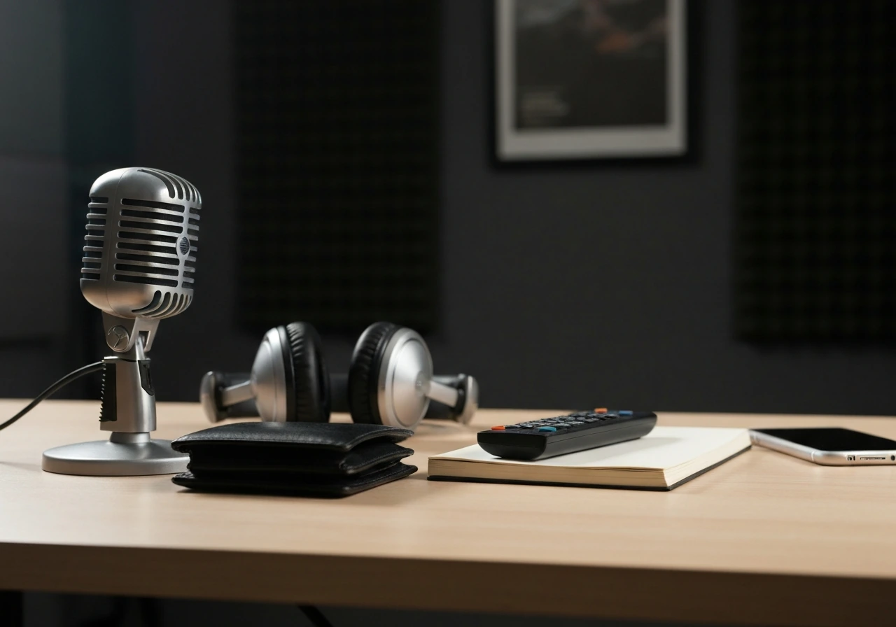 Music and TV career artifacts on a studio desk beside a smartphone and wallet, symbolizing entertainment earnings