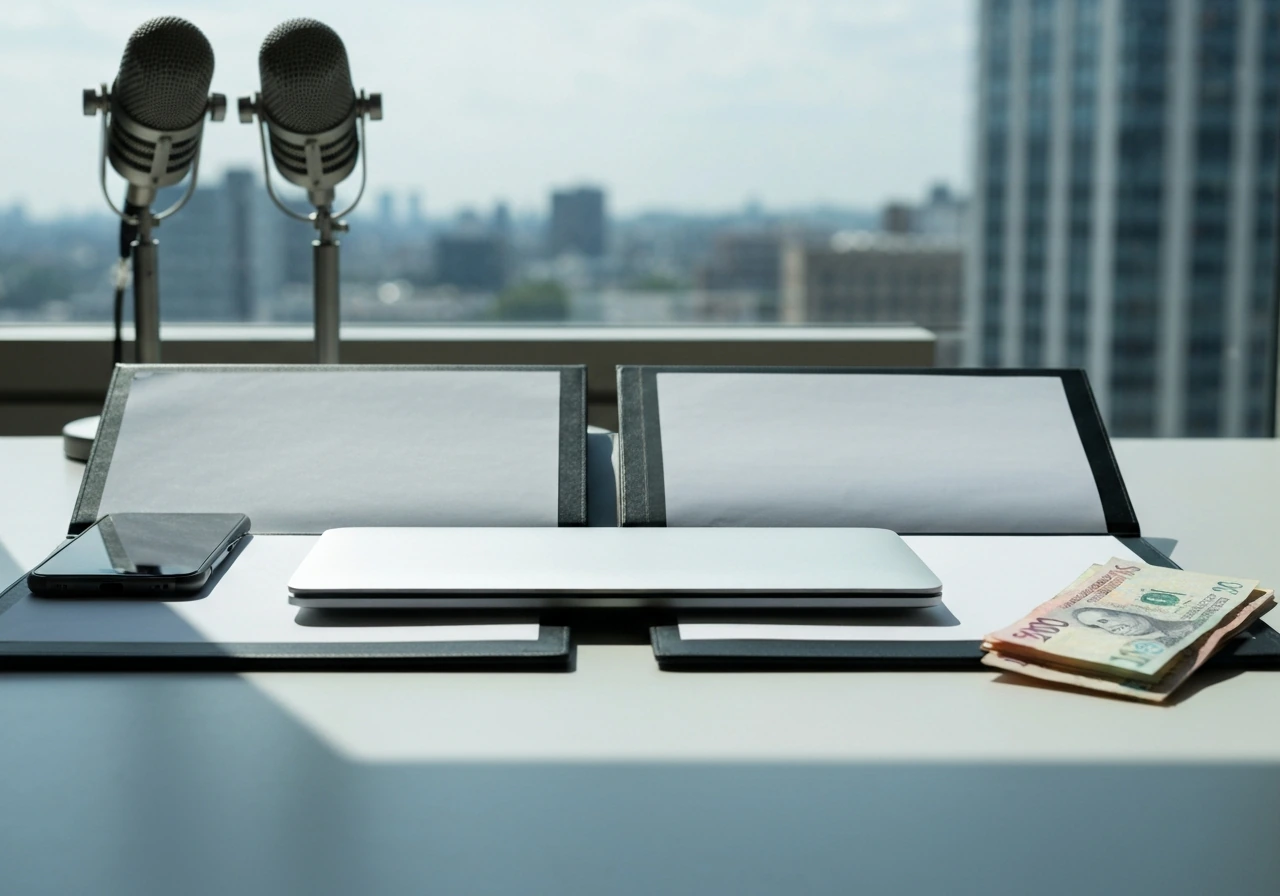 Minimal desk scene suggesting side-by-side financial comparison: folders, laptop, and money near microphones.