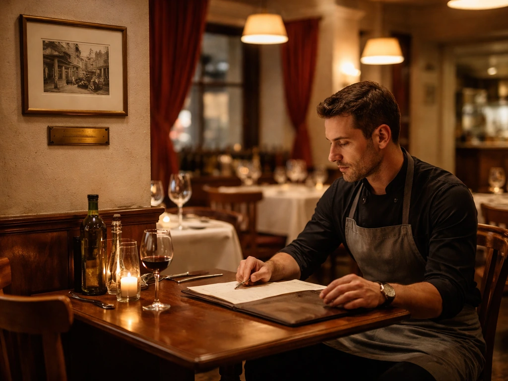 Anonymous restaurateur at a small table in an Italian restaurant with warm lighting and vintage décor.
