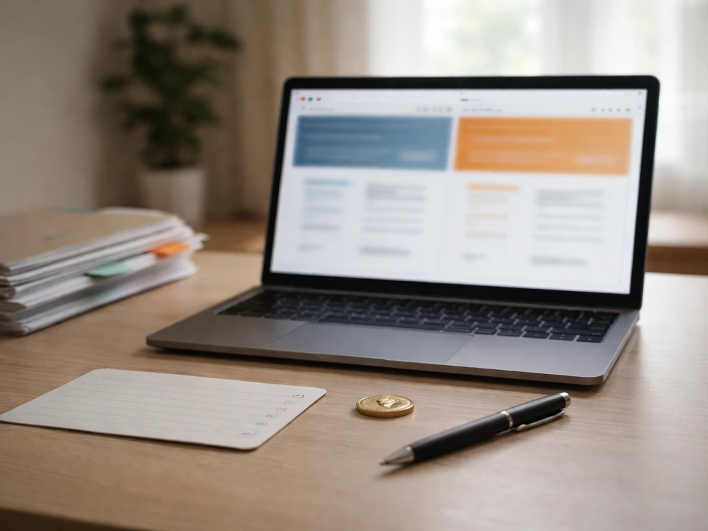 Minimal office desk with a laptop showing blurred comparison pages, blank checklist card, and documents.