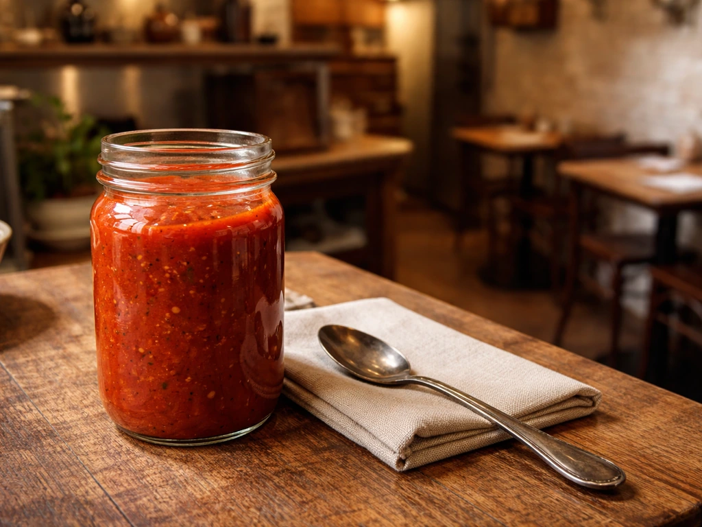 Close-up of a red pasta sauce jar on a wooden counter with a few-table restaurant blurred behind