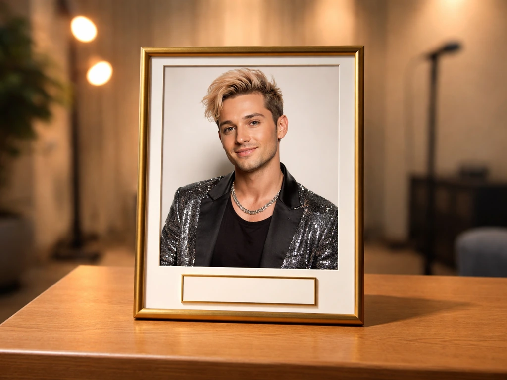 A framed head-and-shoulders photo of an anonymous male performer next to a plain nameplate, blurred crowd background