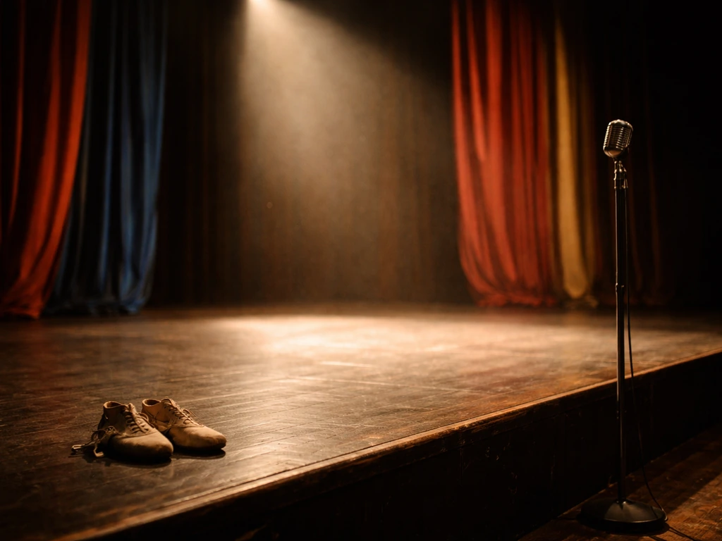 Empty theatre stage in warm spotlight with rehearsal shoes and a microphone stand nearby